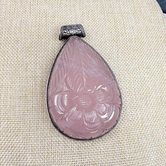 Vitnage Large Teardrop Carved Rose Quartz Sterling Silver Pendant Over 3 Inch - Picture 1 of 11